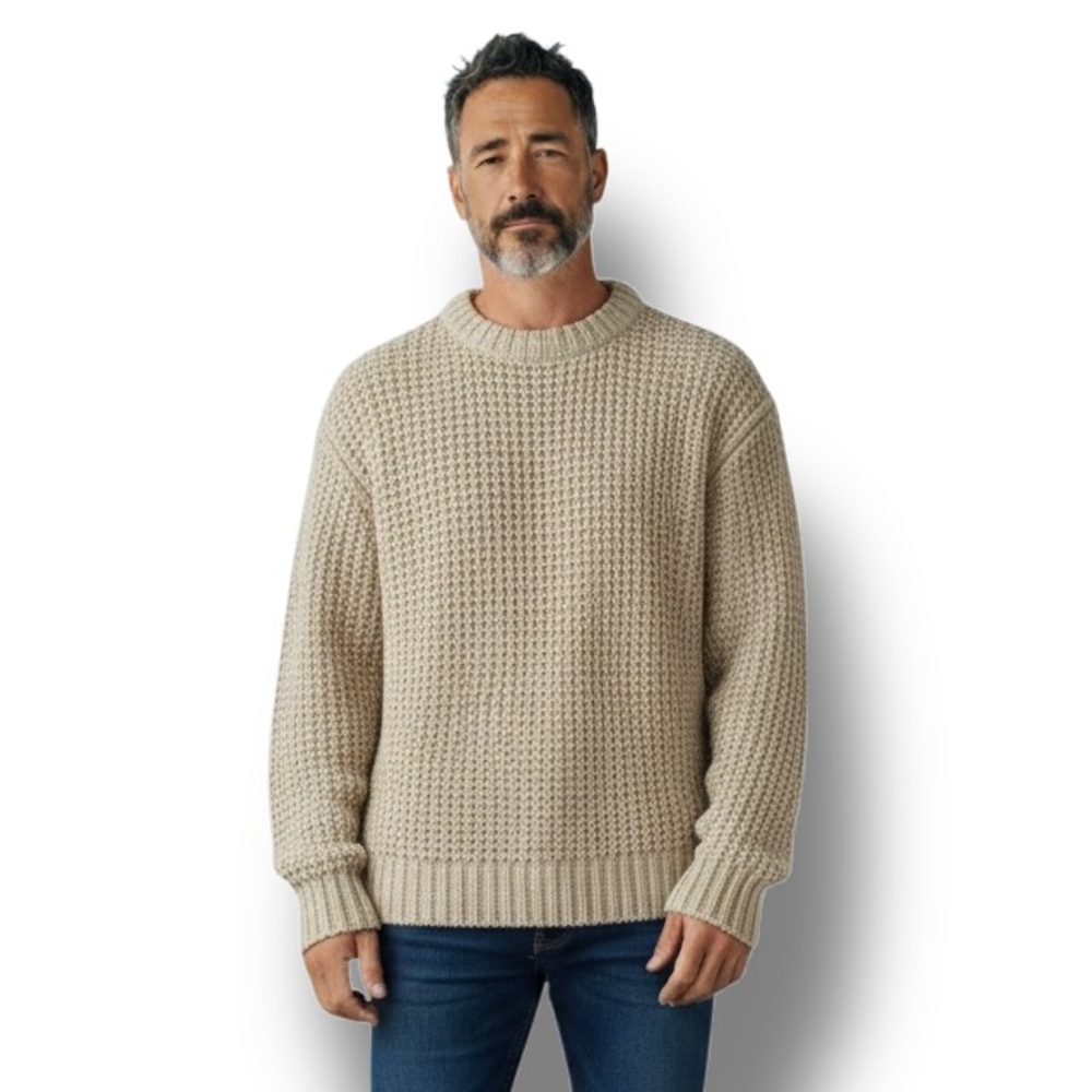 Basic Editions Men's Waffle Knit Crewneck Pullover Sweater Vintage Y2K Tan M